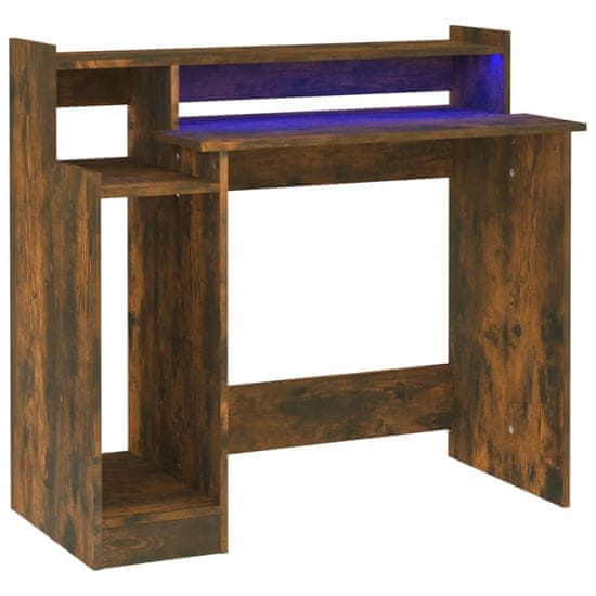 Vidaxl Pisalna miza z LED lučmi dimljeni hrast 97x45x90 cm kons. les