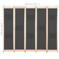 Vidaxl Paravan 5-delni 200x170x4 cm sivo blago