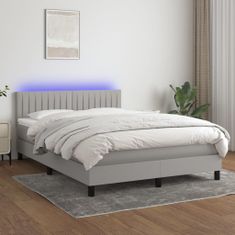 Vidaxl Box spring postelja z vzmetnico LED svetlo siva 140x190cm blago