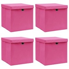 Vidaxl Škatle za shranjevanje s pokrovi 4 kosi roza 32x32x32 cm blago
