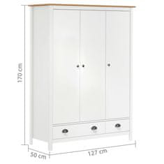 Vidaxl Garderobna omara s 3 vrati Hill bela 127x50x170 cm borovina