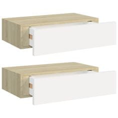 Vidaxl Stenska polica s predalom 2 kosa hrast in bela 40x23,5x10cm MDF