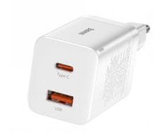 BASEUS CCSUPP-E02 Hitri polnilec Super Si USB + USB-C 30W, bela