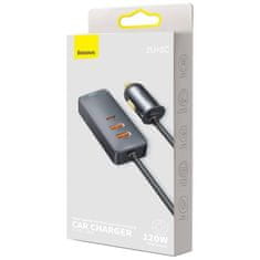 BASEUS CCBT-A0G Hitri avtomobilski polnilnik s podaljševalnim kablom 120W 2x USB + 2x USB-C Siva