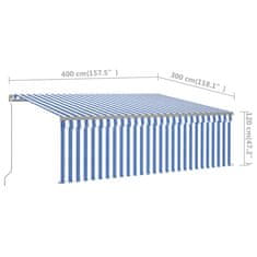 Vidaxl Ročno zložljiva markiza z zaveso in LED, 4x3 m, modra in bela