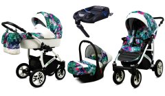 Babylux Tropical Magenta Parrots | 4v1 Kombinirani Voziček kompleti | Otroški voziček + Carrycot + Avtosedežem + ISOFIX