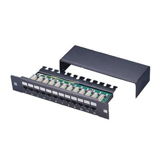 XtendLan Patch panel 10", 12 priključkov, 1U, Cat5e, STP, LSA, s pokrovom, vodoravna namestitev priključkov, ozemljitev, črna