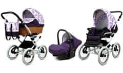 Babylux Classic White Lilac Flowers | 3v1 Kombinirani Voziček kompleti | Otroški voziček + Carrycot + Avtosedežem