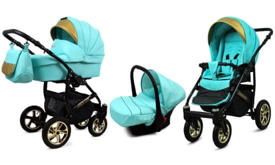Babylux Gold Lux Mint | 3v1 Kombinirani Voziček kompleti | Otroški voziček + Carrycot + Avtosedežem
