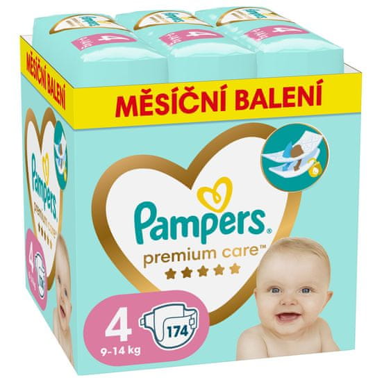 Pampers Premium Care plenice, velikost 4 (9-14 kg), 174 plenic, mesečni paket