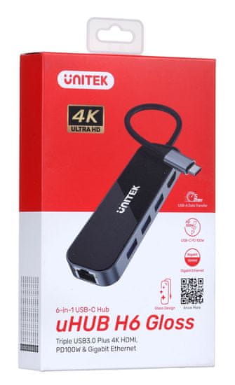 Unitek UNITEK USB-C HUB 3.1 z RJ-45, 3xUSB-A, HDMI 4K, PD100W - Hitro polnjenje in visoka hitrost prenosa podatkov