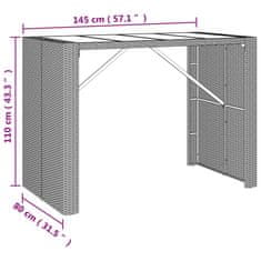 Vidaxl Barska miza s stekleno ploščo siva 145x80x110 cm poli ratan