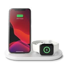 Belkin Qi 3v1 stojalo za polnjenje, belo (iPhone, Apple Watch, AirPods)