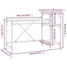 Vidaxl Pisalna miza s policami dimljen hrast 135x50x90 cm inženir. les