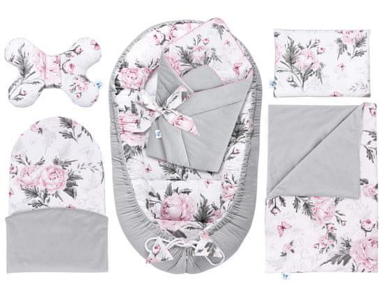 Inny Set za kokon in stožec 6v1 Pink Flowers z žametno sivo barvo - KN-Z6-PF-VG