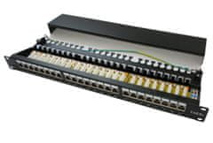 XtendLan Patch panel 19", 24 priključkov, zaščiten, C5E, dvojni, 2xAu, z LED iskanjem