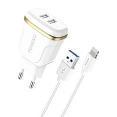 Foneng omrežni polnilec t240, 2x usb, 2,4a + kabel usb za lightning (bel)