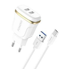 Foneng omrežni polnilec t240, 2x usb, 2,4a + kabel usb do micro usb (bel)