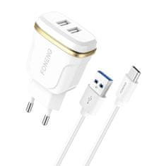 Foneng t240 omrežni polnilec, 2x usb, 2,4a + kabel usb za usb-c (bel)