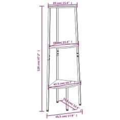 Vidaxl 3-nadstropni kotni regal svetlo rjav in črn 45,5x31,5x120 cm