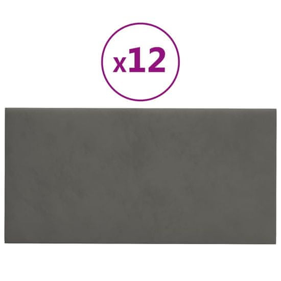 Vidaxl Stenski paneli 12 kosov temno sivi 60x30 cm žamet 2,16 m²