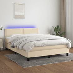 Vidaxl Box spring postelja z vzmetnico LED krem 140x190 cm blago