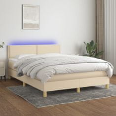 Vidaxl Box spring postelja z vzmetnico LED krem 140x200 cm blago