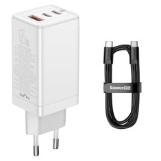 slomart baseus gan3 pro hitri univerzalni polnilec gan 2 x usb tipa c / usb + usb tipa c - usb tipa c kabel 65w pd3.0, qc4.0+, afc bela (ccgp050102)