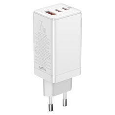 slomart baseus gan3 pro hitri univerzalni polnilec gan 2 x usb tipa c / usb + usb tipa c - usb tipa c kabel 65w pd3.0, qc4.0+, afc bela (ccgp050102)