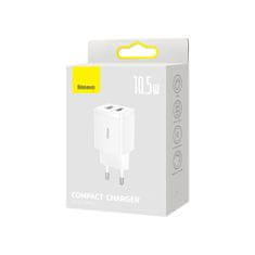 BASEUS Kompaktni mali polnilec 2x USB 10,5W bele barve