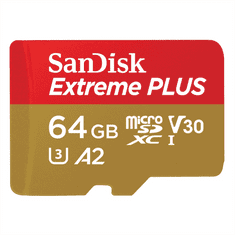 SanDisk Extreme PLUS microSDXC 64 GB + SD adapter 200 MB/s in 90 MB/s A2 C10 V30 UHS-I U8