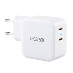 Choetech choetech pd6009 2x usb-c 20w omrežni polnilec (bela)