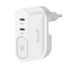 Budi Stenski polnilec z lučko Budi 326DE, 2xUSB-C, 40W, (bel)