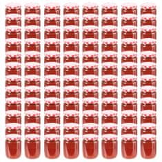 Vidaxl Stekleni kozarci z belimi in rdečimi pokrovi 96 kosov 230 ml