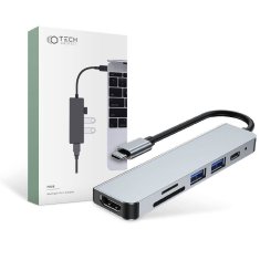 slomart razdelilnik 6v1 usb hub usb-c na 2xusb + hdmi + usb-c + čitalnik sd kartic + micro sd adapter tech-protect v4-hub siva