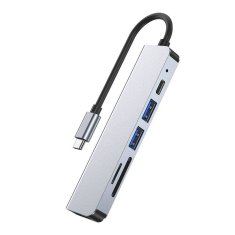 slomart razdelilnik 6v1 usb hub usb-c na 2xusb + hdmi + usb-c + čitalnik sd kartic + micro sd adapter tech-protect v4-hub siva