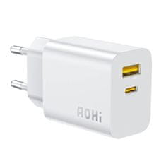 slomart omrežni polnilec aohi a328c gan 20w, 1x usb-c,1x usb-a (bel)