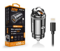 Aligator Aligatorjev mini avtomobilski polnilec Power Delivery 30W, USB-C + USB-A, kabel USB-C za iPhone/iPad