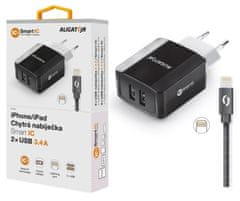 Aligator 3,4 A pametni omrežni polnilnik, 2xUSB, pametni IC, črn, kabel za iPhone/iPad 2A