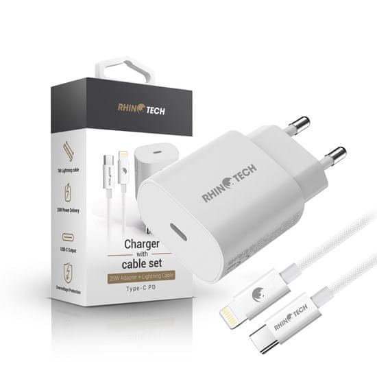 RhinoTech 25W PD polnilni adapter s kablom USB-C na Lightning 27W 1M, bel (RTACC387)