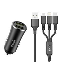 Budi Avtomobilski polnilnik Budi, 2x USB, 2,4 A + kabel 3v1 USB na USB-C / Lightning / Micro USB (črn)