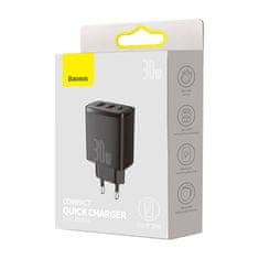 BASEUS kompaktni hitri polnilec, 2xUSB, USB-C, PD, 3A, 30W (črn)