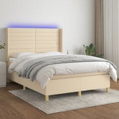 Vidaxl Box spring postelja z vzmetnico LED krem 140x200 cm blago