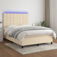 Vidaxl Box spring postelja z vzmetnico LED krem 140x200 cm blago