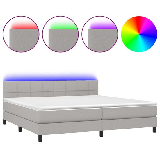 Vidaxl Box spring postelja z vzmetnico LED sv. siva 200x200 cm blago