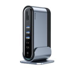 slomart baseus večnamensko vozlišče 3x usb 3.2 gen 1 / 2x usb 2.0 / 2x usb tip c / bralnik kartic sd in micro sd / aux / 3x hdmi / rj45 1gbps power delivery 100W (eu / cn / uk vtiči) siva (cahub-dg0g)