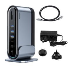 slomart baseus večnamensko vozlišče 3x usb 3.2 gen 1 / 2x usb 2.0 / 2x usb tip c / bralnik kartic sd in micro sd / aux / 3x hdmi / rj45 1gbps power delivery 100W (eu / cn / uk vtiči) siva (cahub-dg0g)