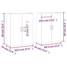 Vidaxl Stenska omarica 2 kosa visok sijaj bela 69,5x34x90 cm