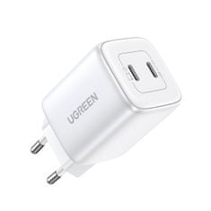 Ugreen GaN 2x USB-C 45W QC PD hitri polnilec bele barve