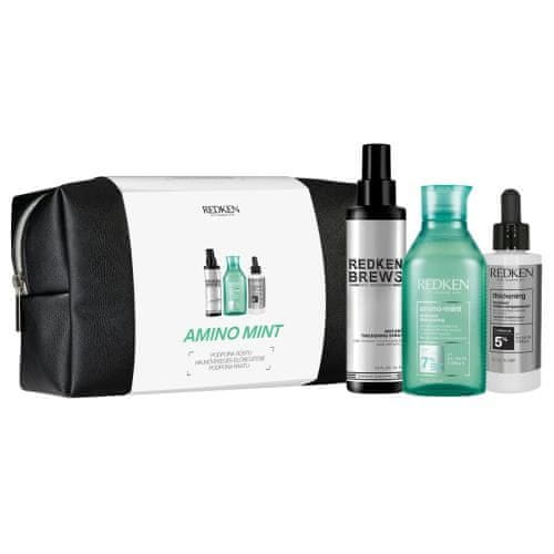 Redken Amino-Mint Shampoo Set šampon Amino-Mint Shampoo 300 ml + sprej za lase Brews Instant Thickening Spray 125 ml + nega za lase Thickening Treatment 90 ml + kozmetična torbica za ženske